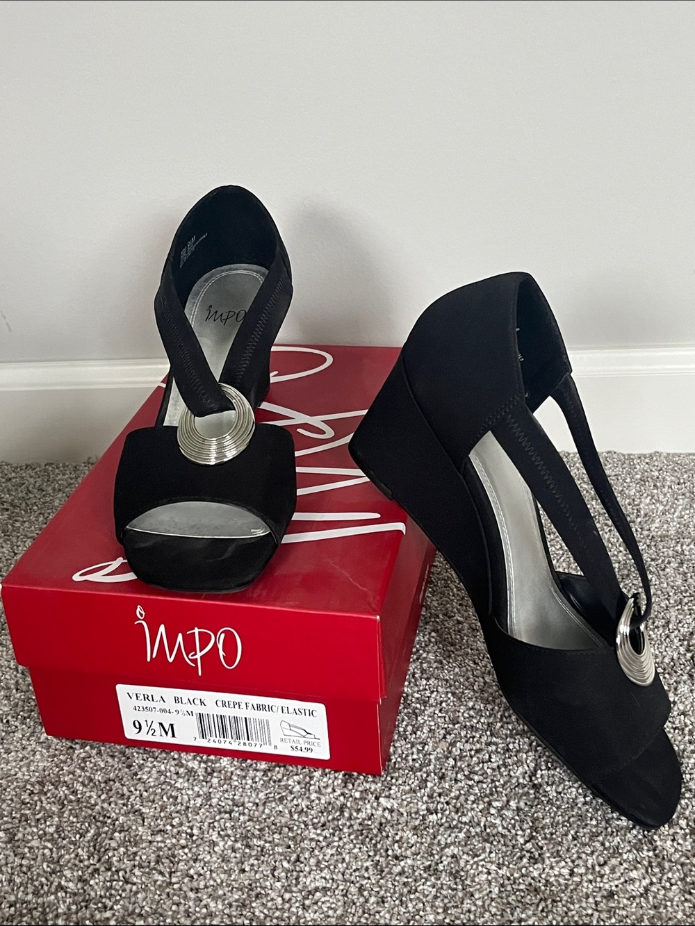Impo Black Elastic Ring-Accent Wedge Sandals